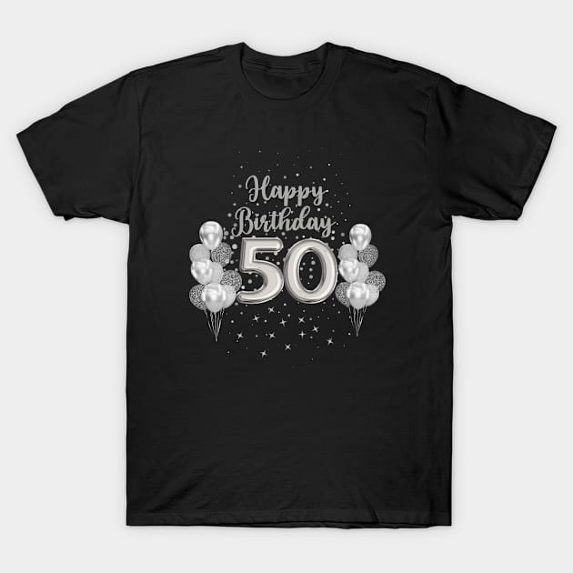 Happy 50 Birthday Silver Balloons T-Shirt by InStyle Designs